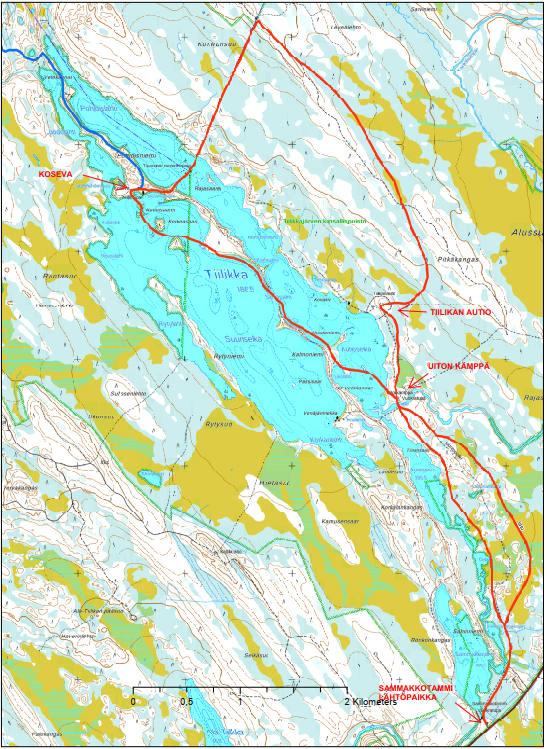Latukartta, jossa Tiilikkajärven kansallispuiston ladut.