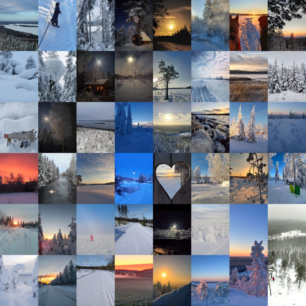 Kuva on kollaasi noin neljästäkymmenestä talvisesta maisemakuvasta.