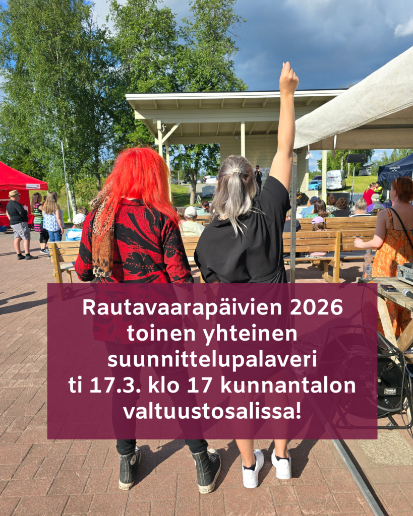 Kuvassa on kaksi ihmistä torilla takaapäin. Kuvassa on teksti Rautavaarapäivien 2026 toinen suunnittelupalaveri ti 17.3. klo 17 kunnantalon valtuustosalissa!
