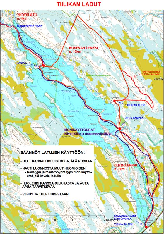 Latukartta, jossa Tiilikkajärven kansallispuiston ladut.