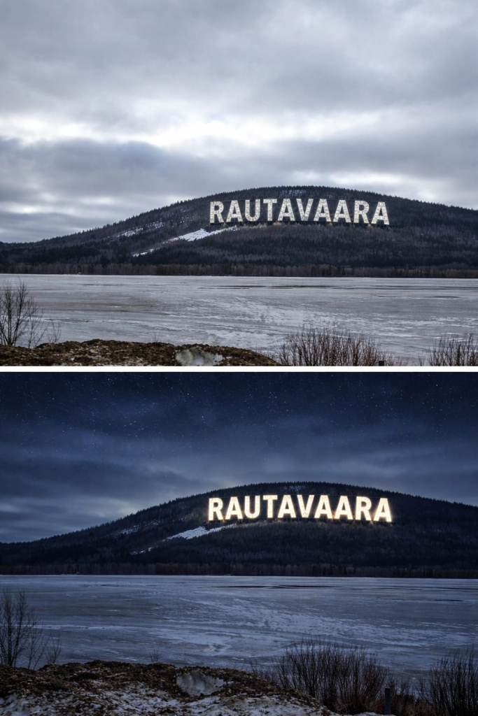 Havainnekuva, jossa vaaran varrelle on pystytetty valtava kyltti, jossa lukee Rautavaara. Kaksi kuvaa allekkain, toinen on otettu yöllä.