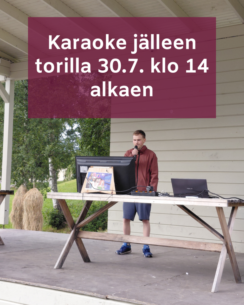 Kuvassa pikkupenikka laulamassa karaokea. Ylälaidassa kuvaa lukee kunnan brändiväreillä teksti "Karaoke jälleen torilla 30.7. klo 14 alkaen".