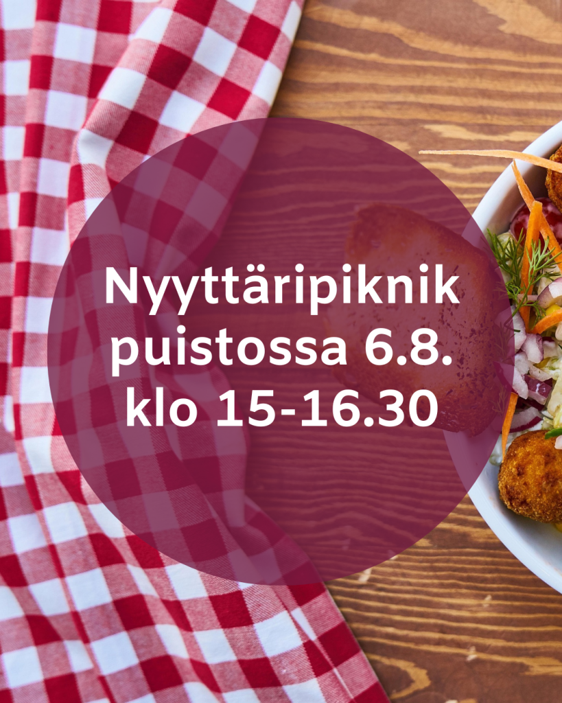 Taustakuvassa piknik-viltti ja salaattikulho. Kunnan brändiväreillä teksti "Nyyttäripiknik puistossa 6.8. klo 15-16.30".