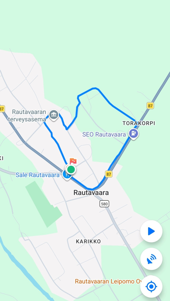 Kuvassa Google maps kartalle merkattuna suunniteltu kävelyreitti.