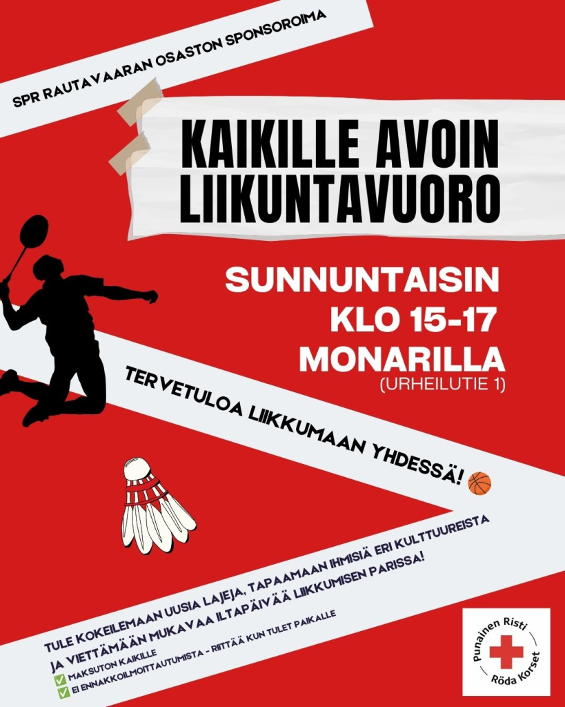 Mainos kaikille avoimesta liikuntavuorosta monarilla.