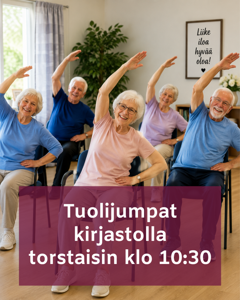Taustakuvana vanhuksia tuolijumpassa. Alareunassa kunnan brändiväreillä teksti "Tuolijumpat kirjastolla torstaisin klo 10:30"