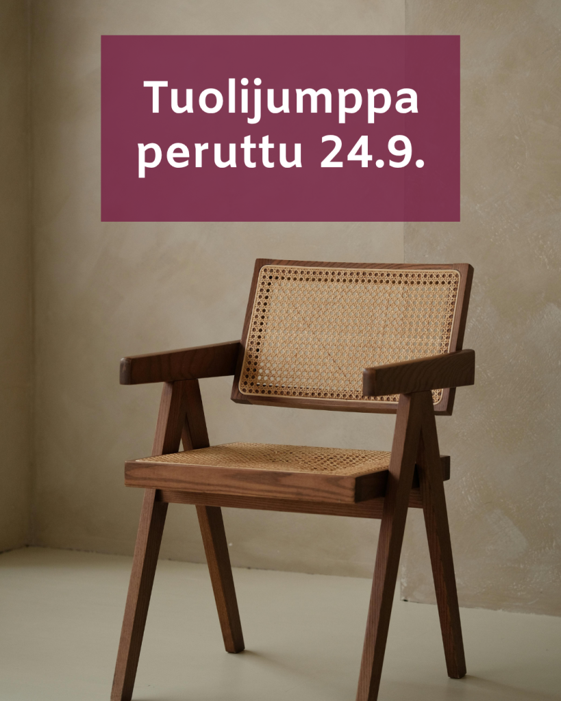 Kuvassa tuoli. Kunnan brändiväreillä myös teksti "Tuolijumppa peruttu 24.9.".