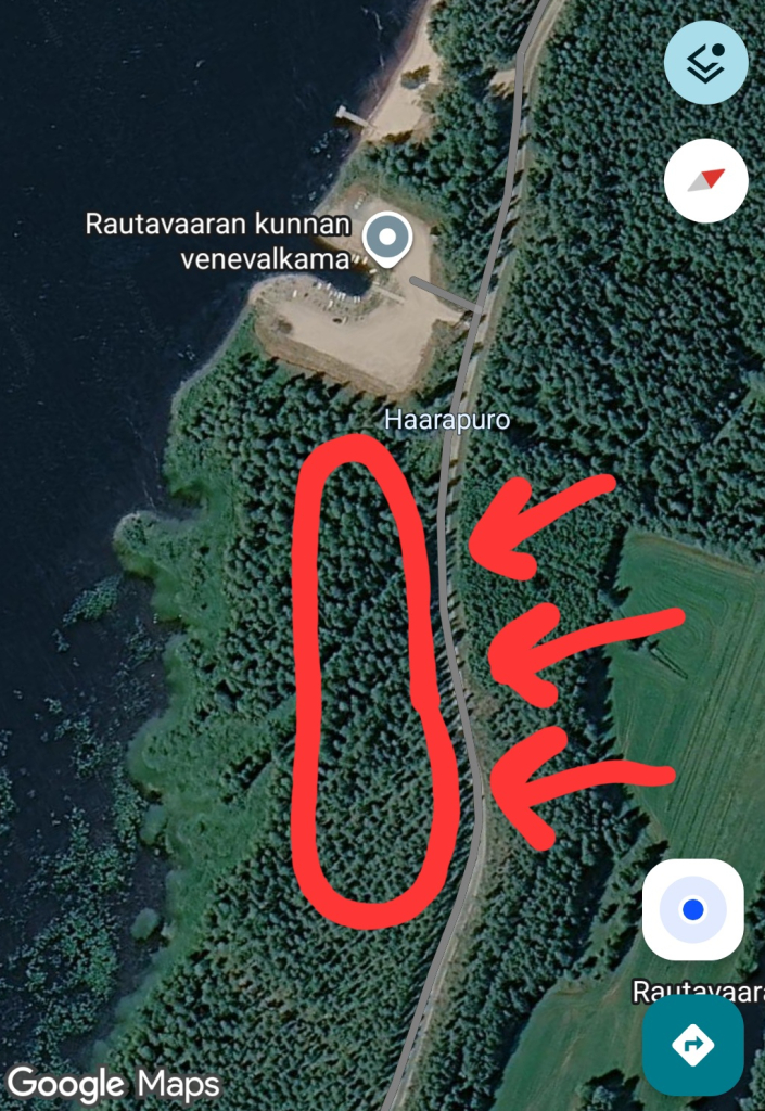 Kuvassa marjanpoiminta-alue Google Maps kartalla Venevalkaman vieressä.